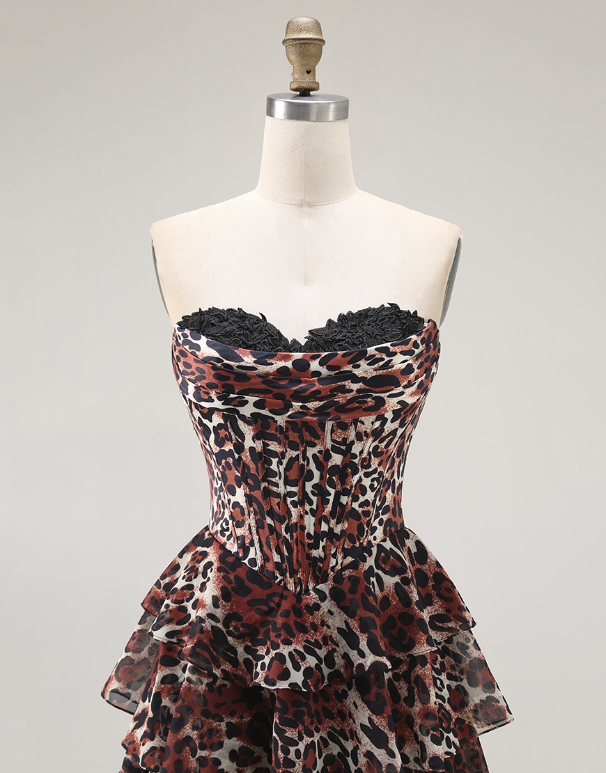 Brown Leopard A Line Strapless Ruffled Long Prom Dress