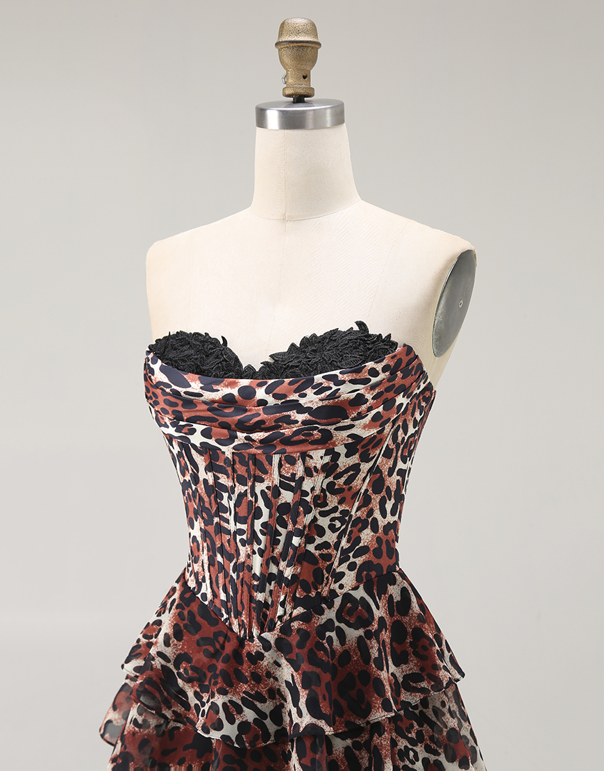 Brown Leopard A Line Strapless Ruffled Long Prom Dress