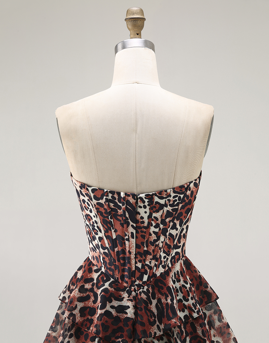 Brown Leopard A Line Strapless Ruffled Long Prom Dress