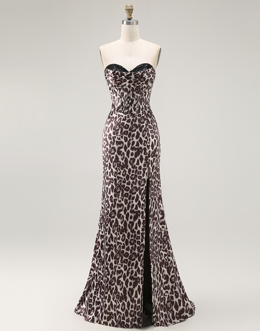Coffee Leopard Mermaid Sweetheart Corset Long Prom Dress with Slit