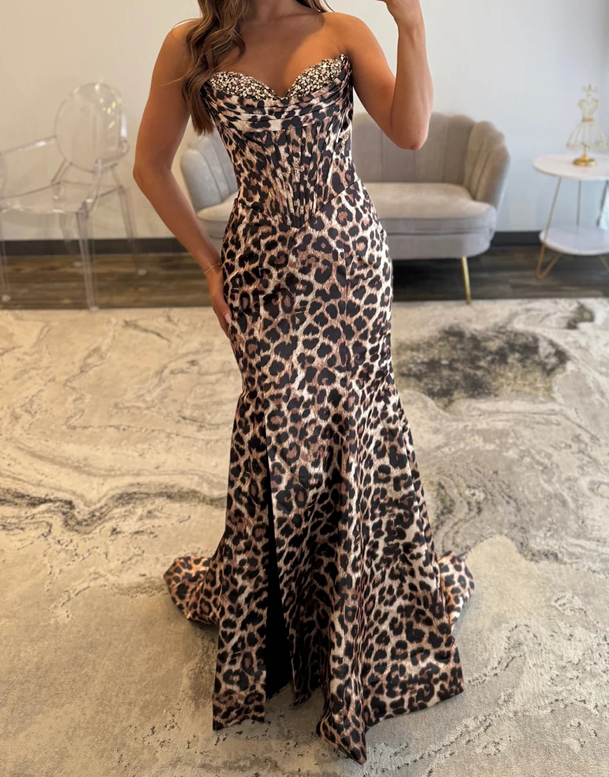 Berlinnova Women Sparkly Coffee Leopard Corset Long Prom Dress with Slit Mermaid Sweetheart Pageant Dress with Beading