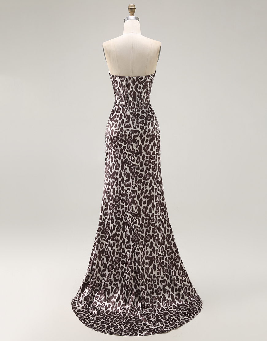 Coffee Leopard Mermaid Sweetheart Corset Long Prom Dress with Slit