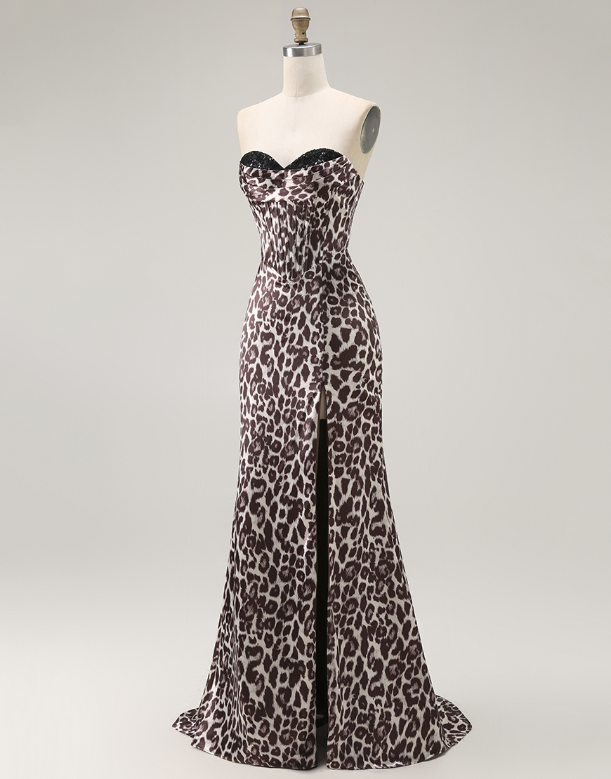 Coffee Leopard Mermaid Sweetheart Corset Long Prom Dress with Slit