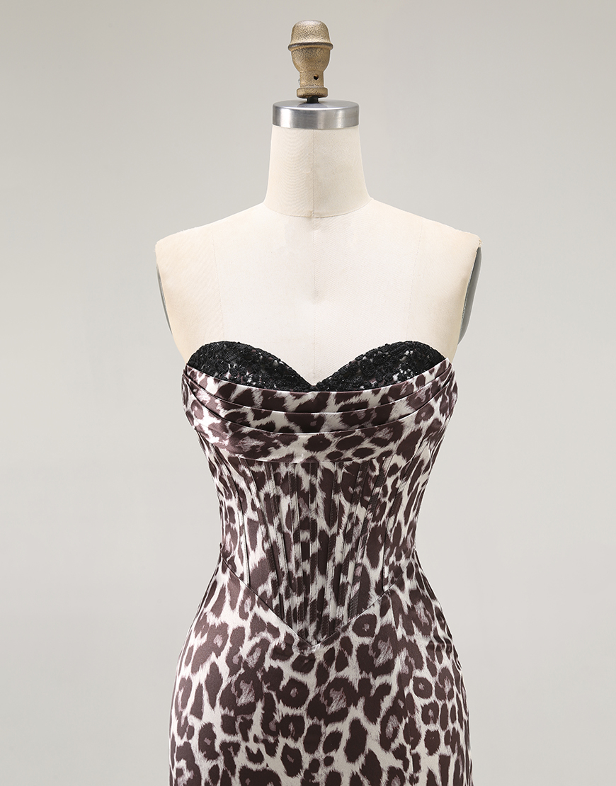 Coffee Leopard Mermaid Sweetheart Corset Long Prom Dress with Slit
