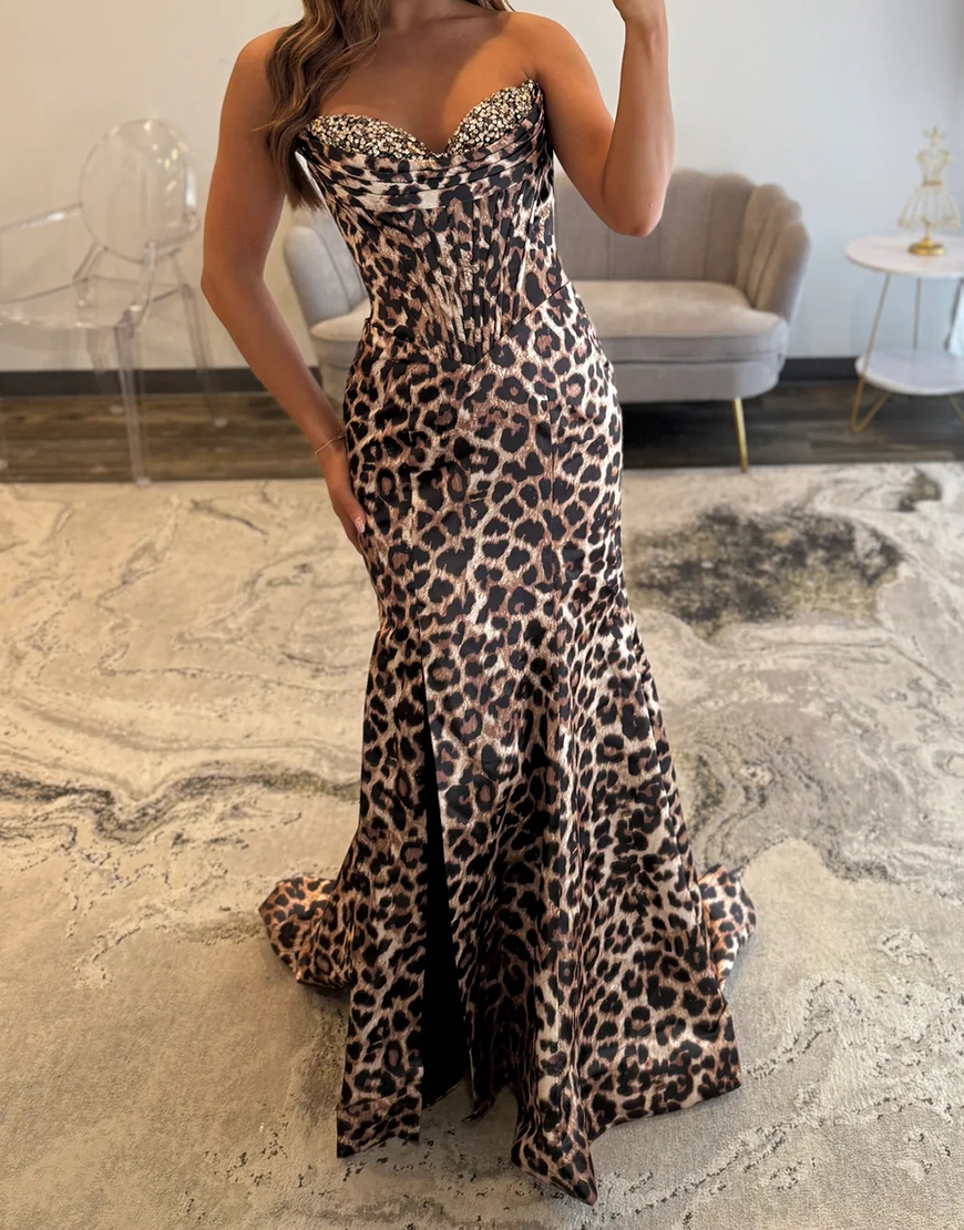 Sparkly Coffee Leopard Mermaid Corset Sweetheart Long Prom Dress with Slit