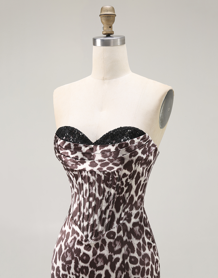 Coffee Leopard Mermaid Sweetheart Corset Long Prom Dress with Slit