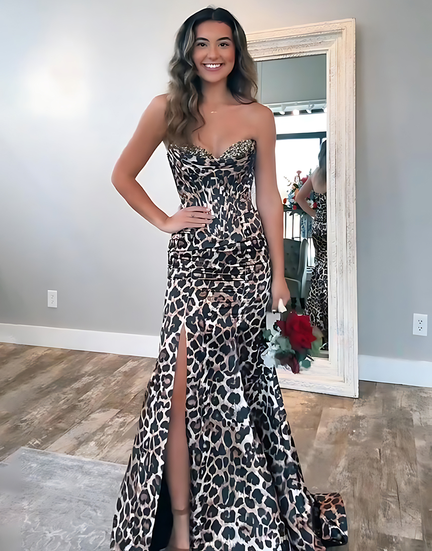 Sparkly Coffee Leopard Mermaid Corset Sweetheart Long Prom Dress with Slit