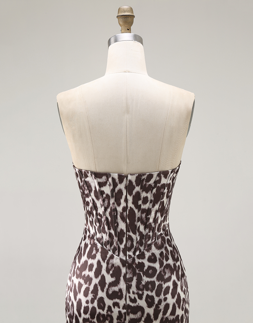 Coffee Leopard Mermaid Sweetheart Corset Long Prom Dress with Slit