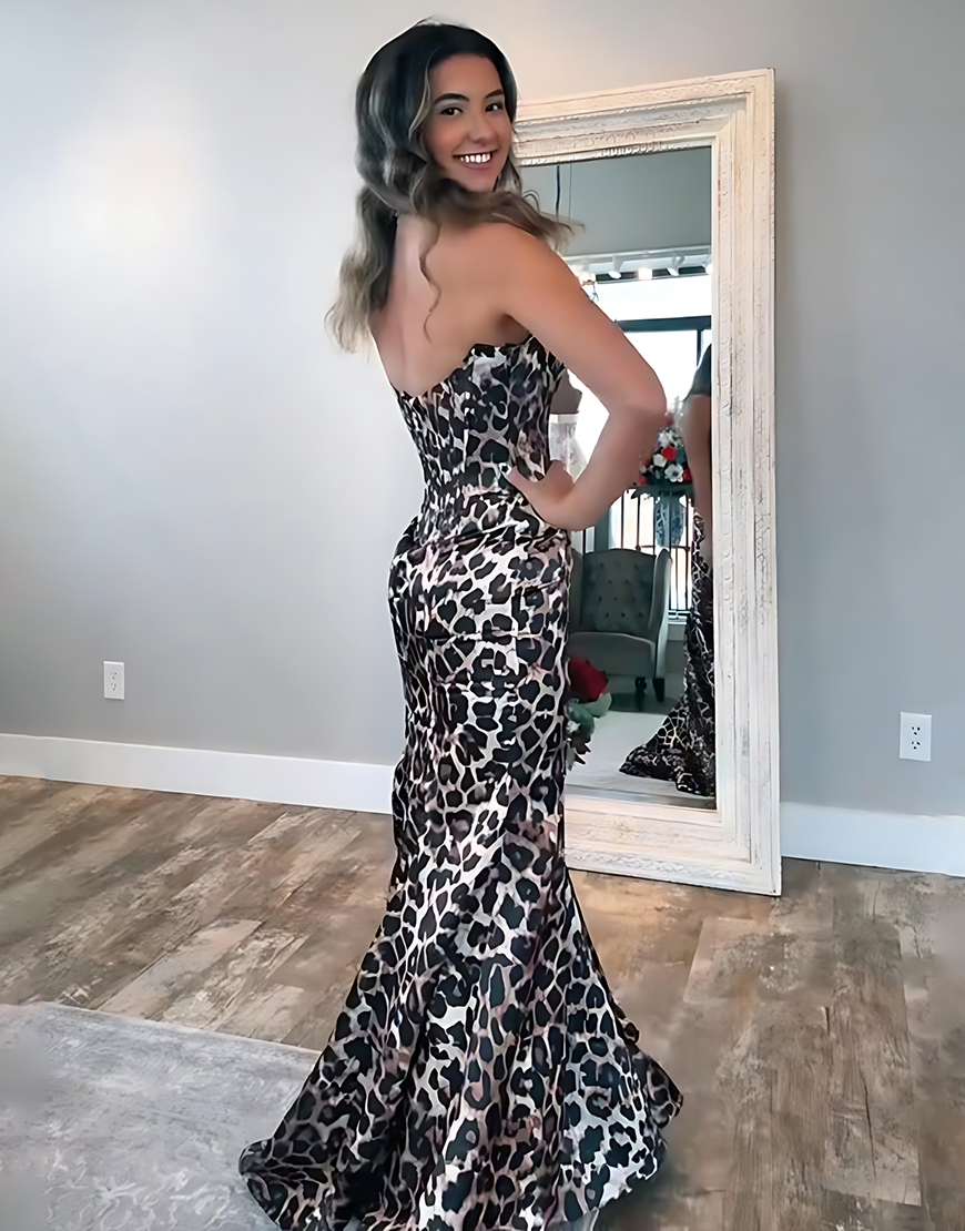 Sparkly Coffee Leopard Mermaid Corset Sweetheart Long Prom Dress with Slit