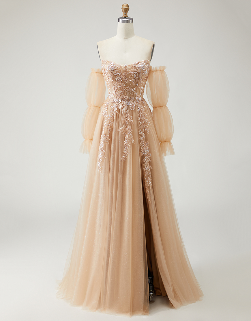 Sparkly Champagne Floral Long A-Line Prom Dress with Detachable Sleeves