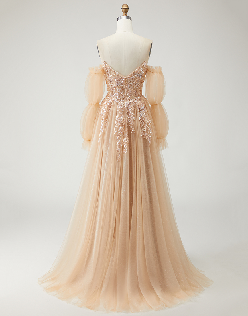 Sparkly Champagne Floral Long A-Line Prom Dress with Detachable Sleeves