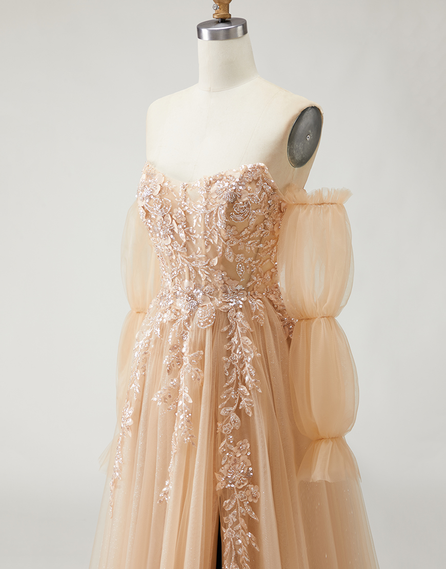 Sparkly Purple Floral Long A-Line Prom Dress with Detachable Sleeves