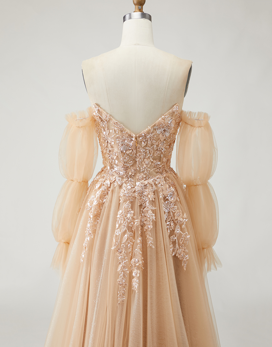 Sparkly Purple Floral Long A-Line Prom Dress with Detachable Sleeves