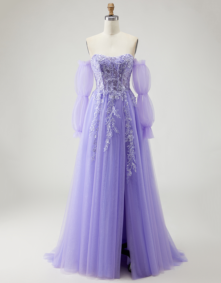 Sparkly Purple Floral Long A-Line Prom Dress with Detachable Sleeves