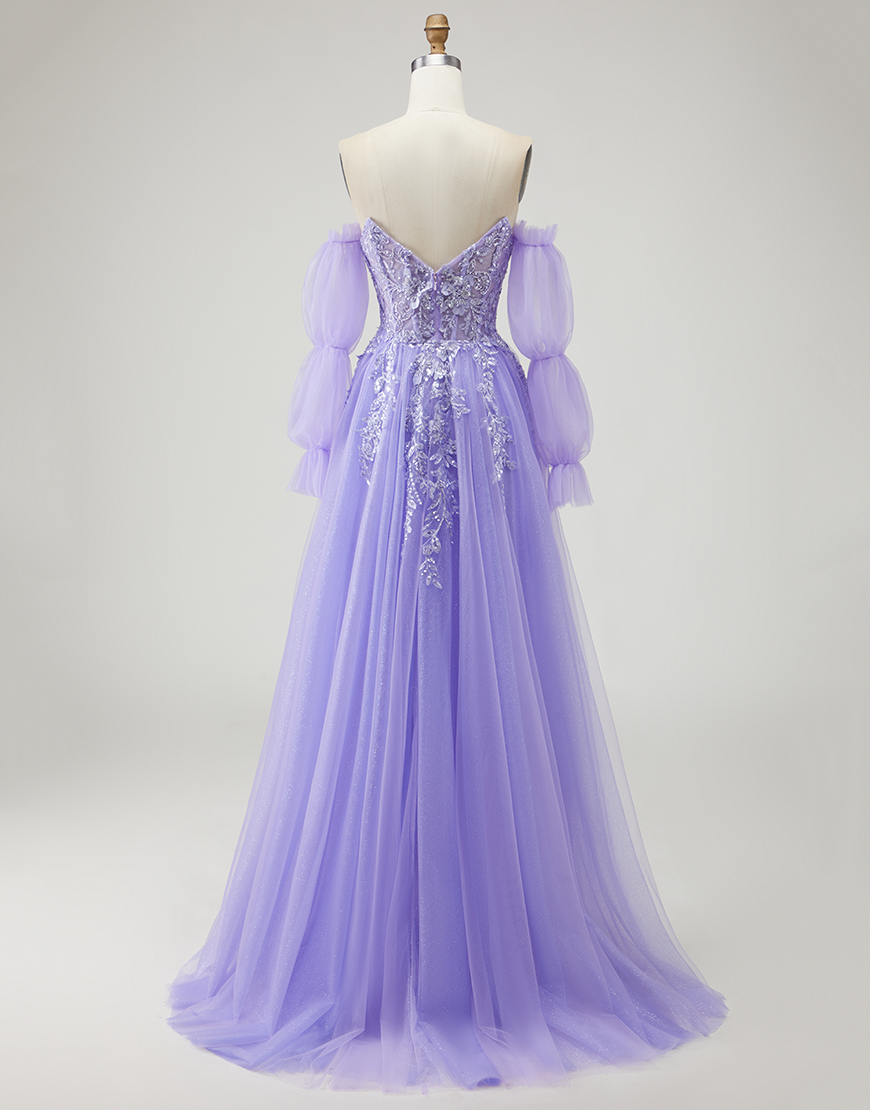 Sparkly Purple Floral Long A-Line Prom Dress with Detachable Sleeves