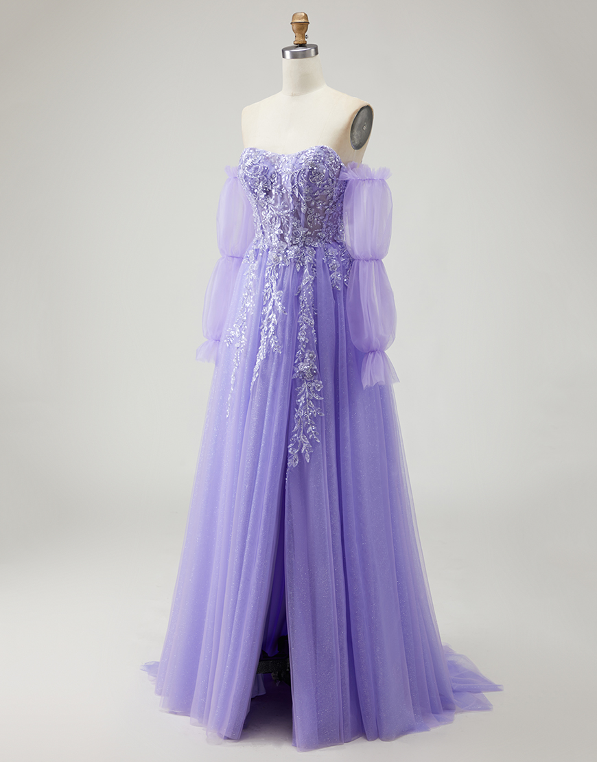 Sparkly Purple Floral Long A-Line Prom Dress with Detachable Sleeves