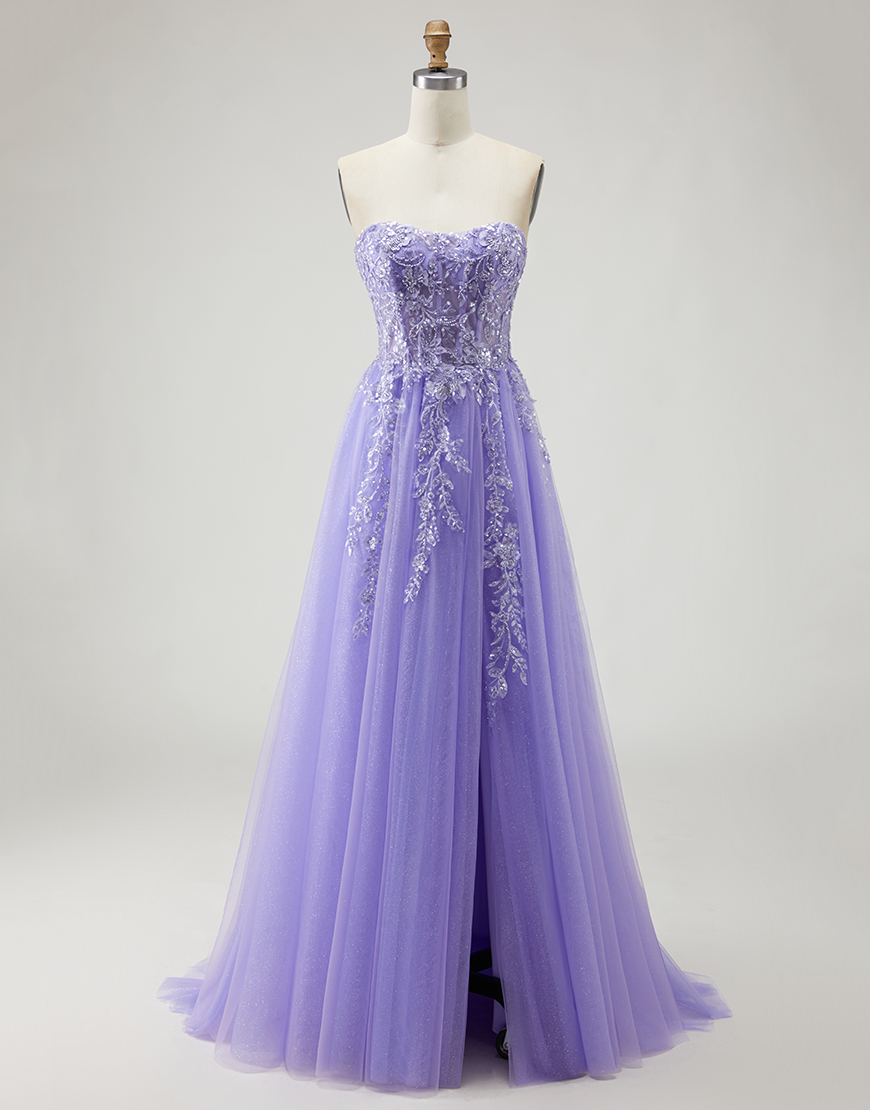 Sparkly Purple Floral Long A-Line Prom Dress with Detachable Sleeves