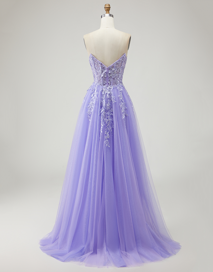 Sparkly Purple Floral Long A-Line Prom Dress with Detachable Sleeves