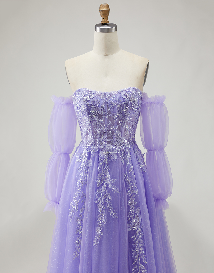 Sparkly Purple Floral Long A-Line Prom Dress with Detachable Sleeves
