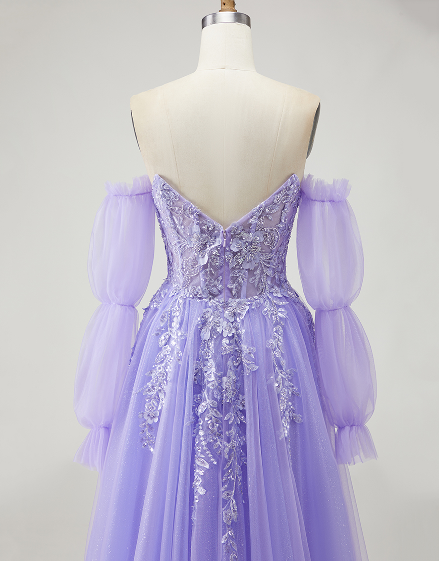 Sparkly Purple Floral Long A-Line Prom Dress with Detachable Sleeves