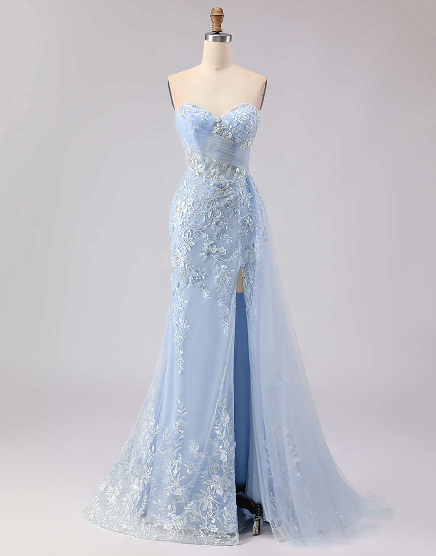 Berlinnova Women Sparkly Blue Floral Long Corset Prom Dress with Slit Mermaid Sequin Sweetheart Pageant Dress with Appliques