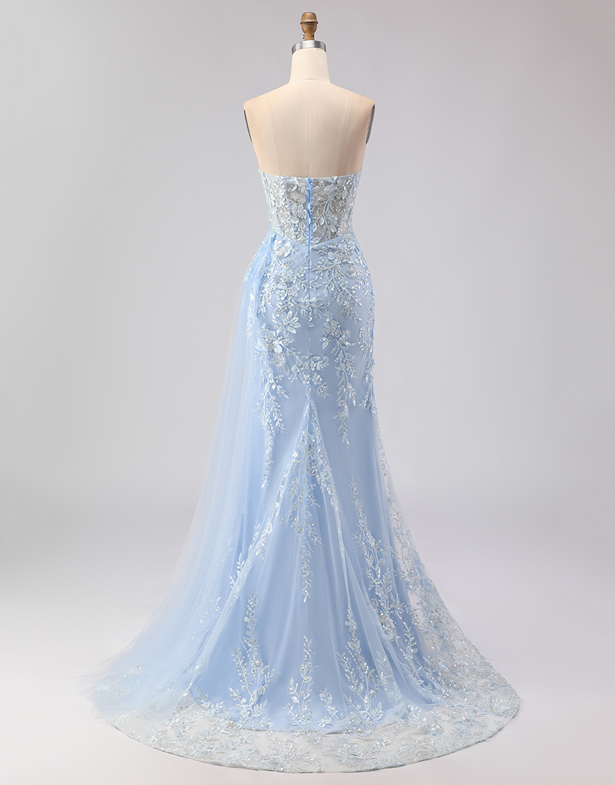 Sparkly Blue Sequins Floral  Mermaid Long Corset Prom Dress