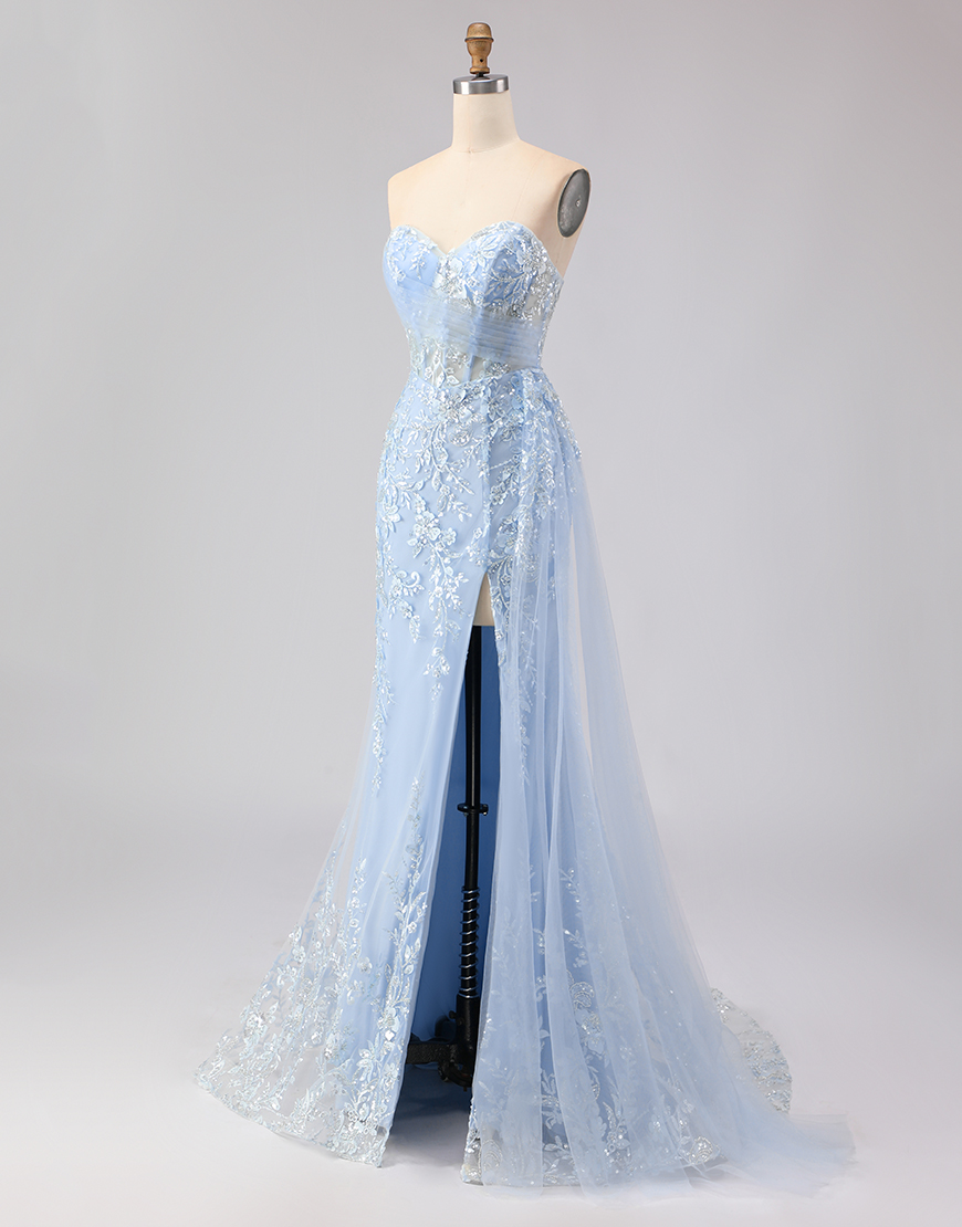 Sparkly Blue Sequins Floral  Mermaid Long Corset Prom Dress