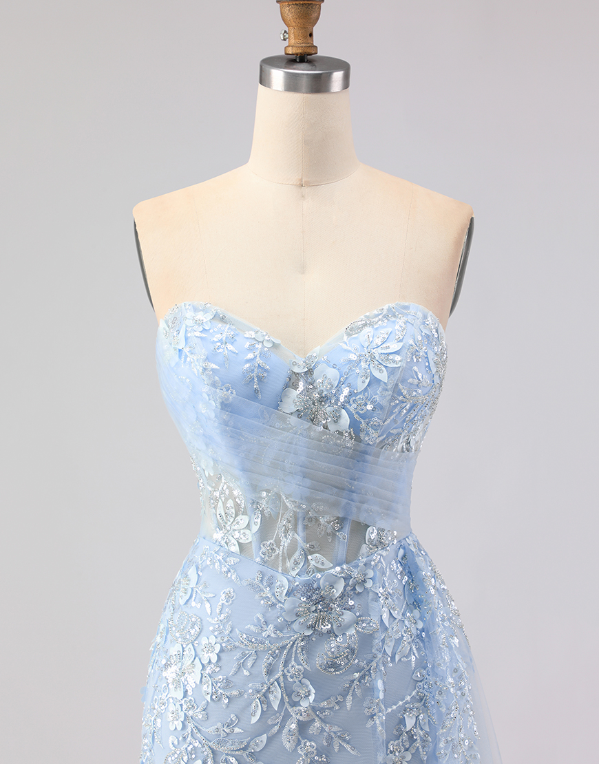 Sparkly Blue Sequins Floral  Mermaid Long Corset Prom Dress