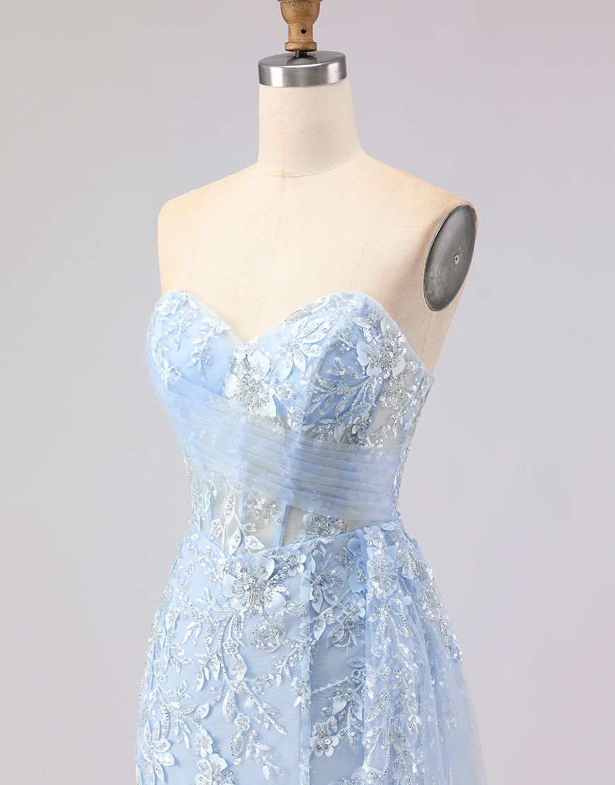 Sparkly Blue Sequins Floral  Mermaid Long Corset Prom Dress