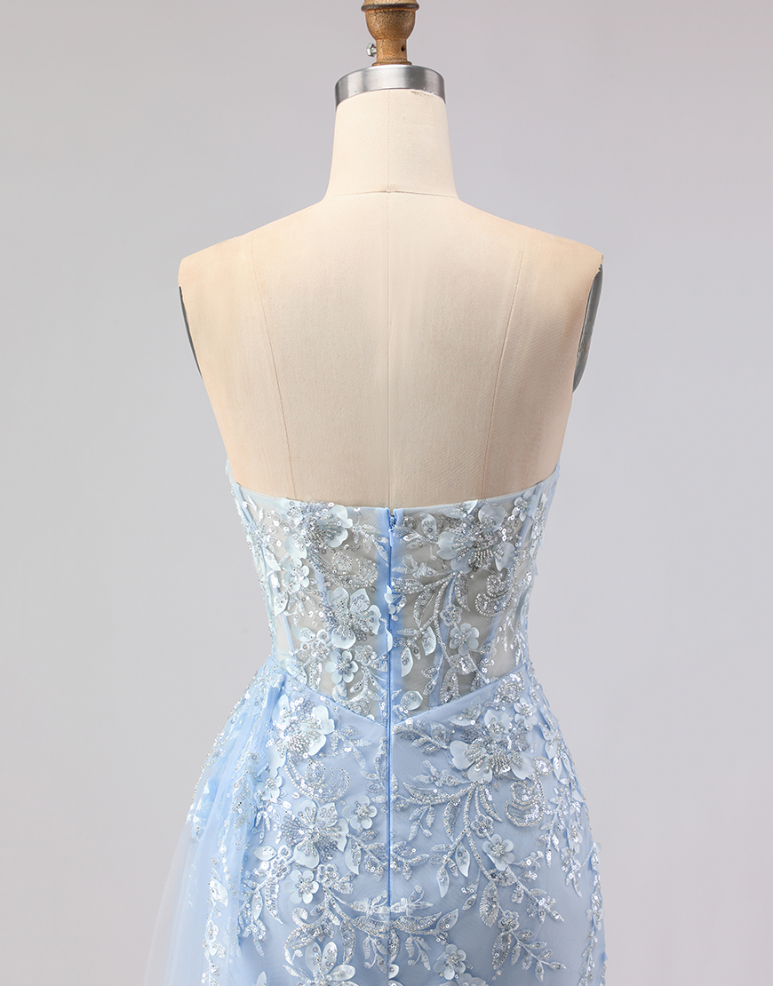 Sparkly Blue Sequins Floral  Mermaid Long Corset Prom Dress