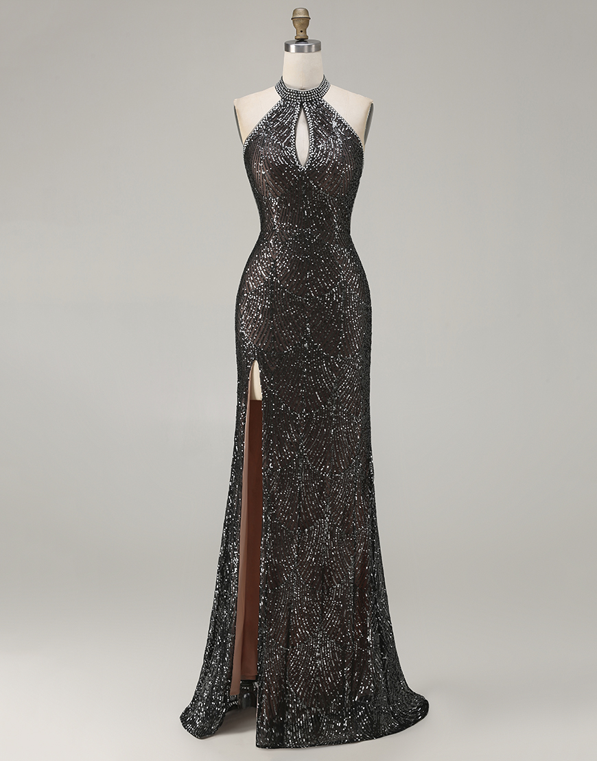 Sparkly Black Halter Neck Mermaid Sequins Long Prom Dress with Slit