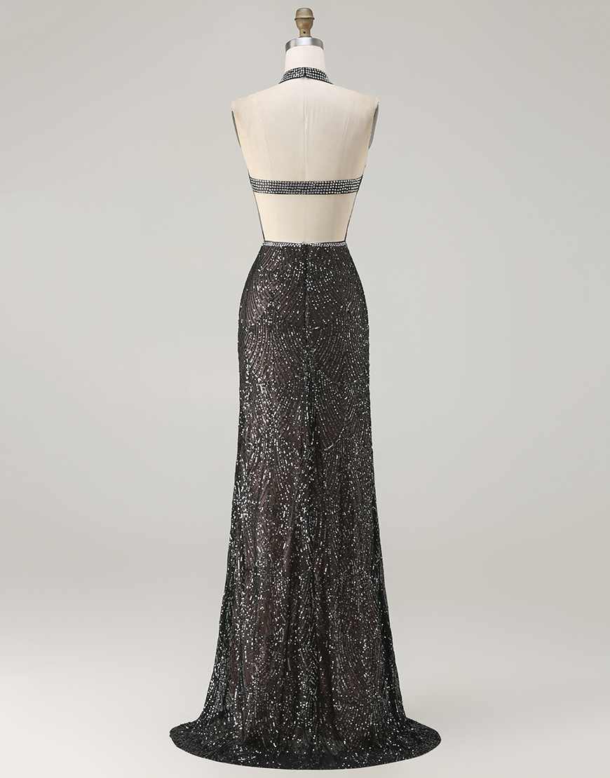Sparkly Black Halter Neck Mermaid Sequins Long Prom Dress with Slit