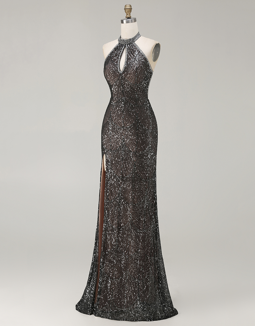Sparkly Black Halter Neck Mermaid Sequins Long Prom Dress with Slit