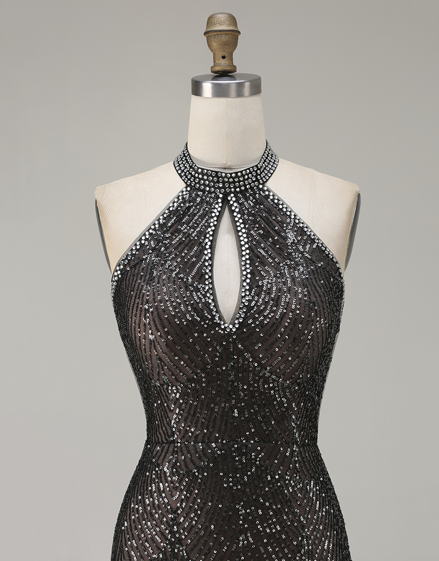 Sparkly Black Halter Neck Mermaid Sequins Long Prom Dress with Slit