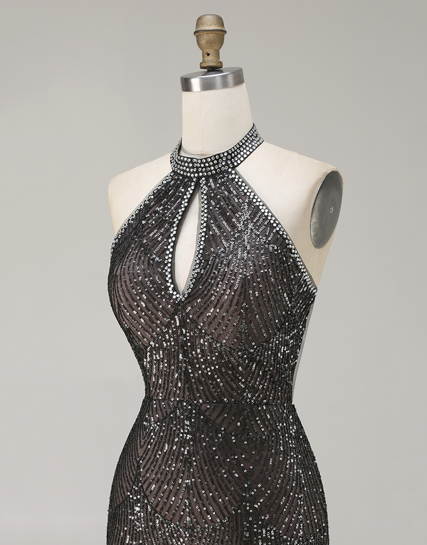 Sparkly Black Halter Neck Mermaid Sequins Long Prom Dress with Slit