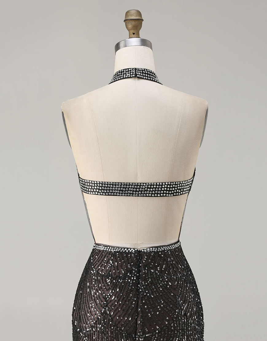 Sparkly Black Halter Neck Mermaid Sequins Long Prom Dress with Slit