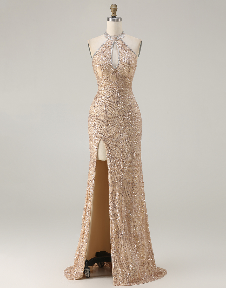 Sparkly Champagne Beaded Halter Neck Mermaid Long Prom Dress with Slit