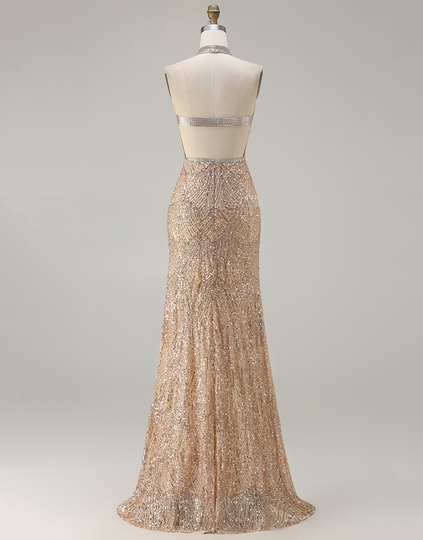 Sparkly Champagne Beaded Halter Neck Mermaid Long Prom Dress with Slit
