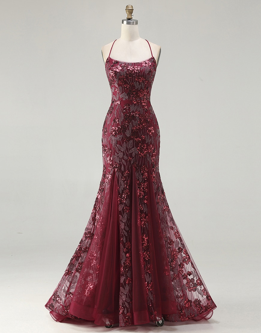 Sparkly Floral Burgundy Sequins Long Mermaid Prom Dress with Beading
