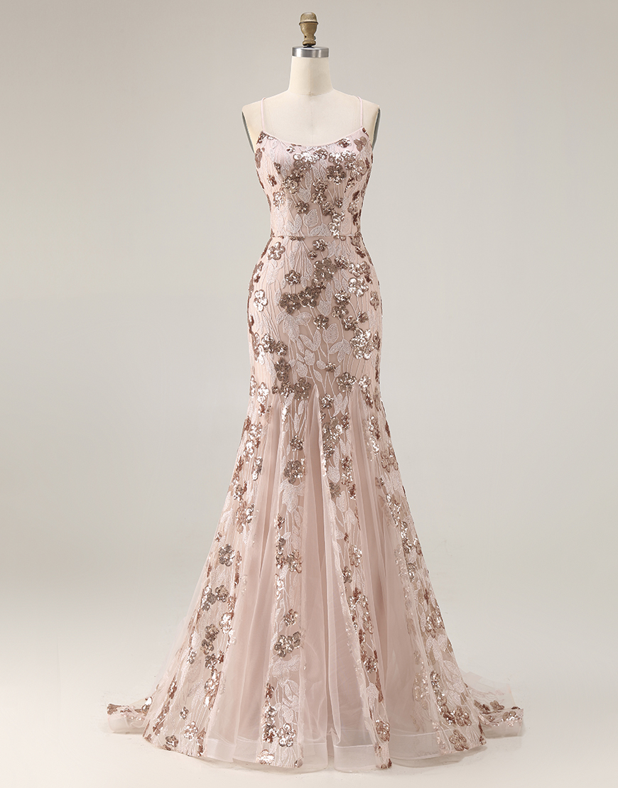 Sparkl Rose Golden Sequins Mermaid Floral Beaded Long Prom Dress