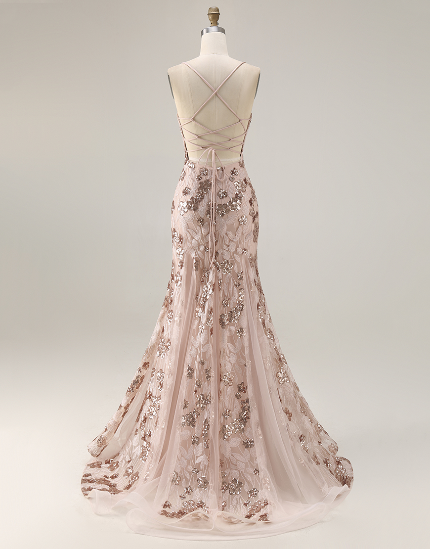 Sparkl Rose Golden Sequins Mermaid Floral Beaded Long Prom Dress