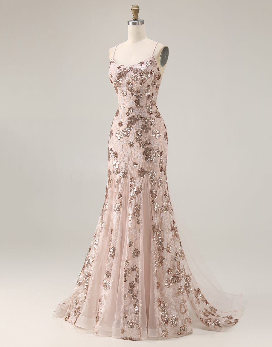 Sparkl Rose Golden Sequins Mermaid Floral Beaded Long Prom Dress
