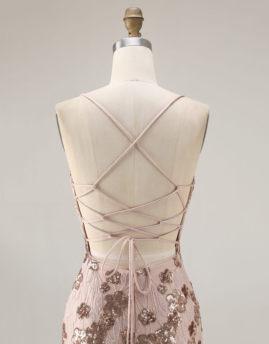 Sparkl Rose Golden Sequins Mermaid Floral Beaded Long Prom Dress