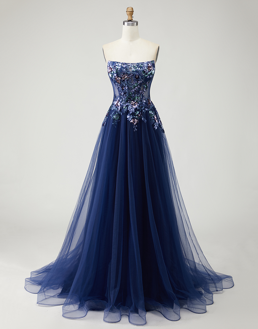 Sparkly Navy Floral Long A-Line Prom Dress with Embroidery