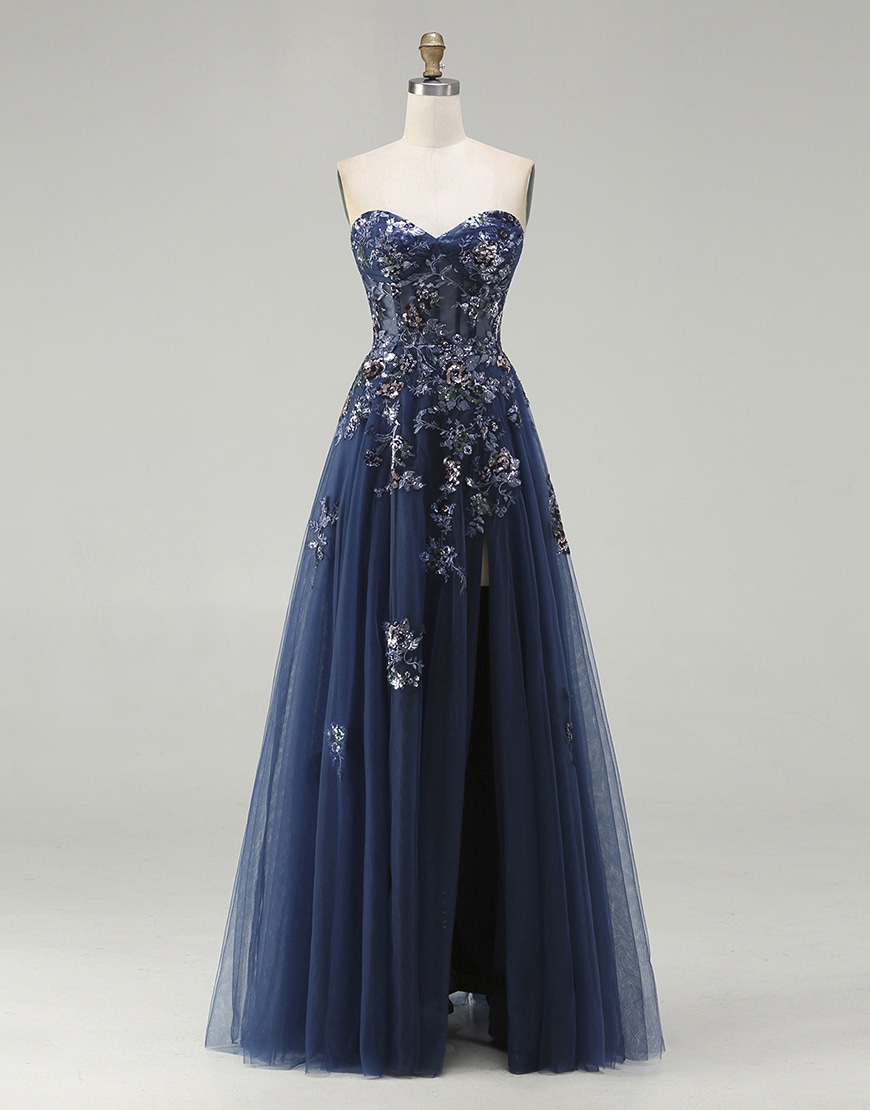 Sparkly Floral Navy Corset Long Tulle A-Line Prom Dress with Sequin
