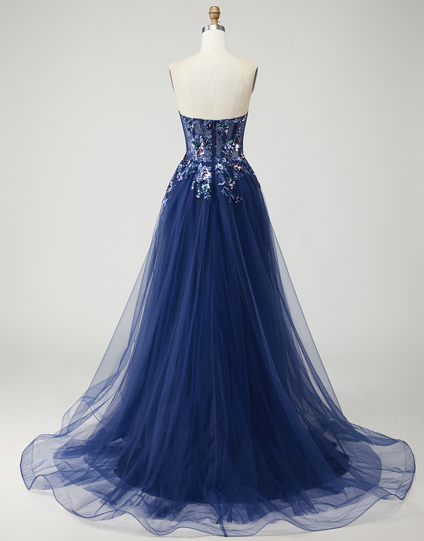 Sparkly Navy Floral Long A-Line Prom Dress with Embroidery