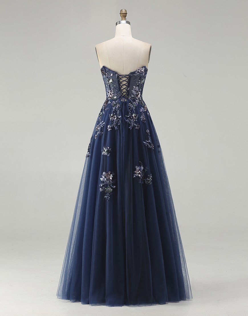 Sparkly Floral Navy Corset Long Tulle A-Line Prom Dress with Sequin