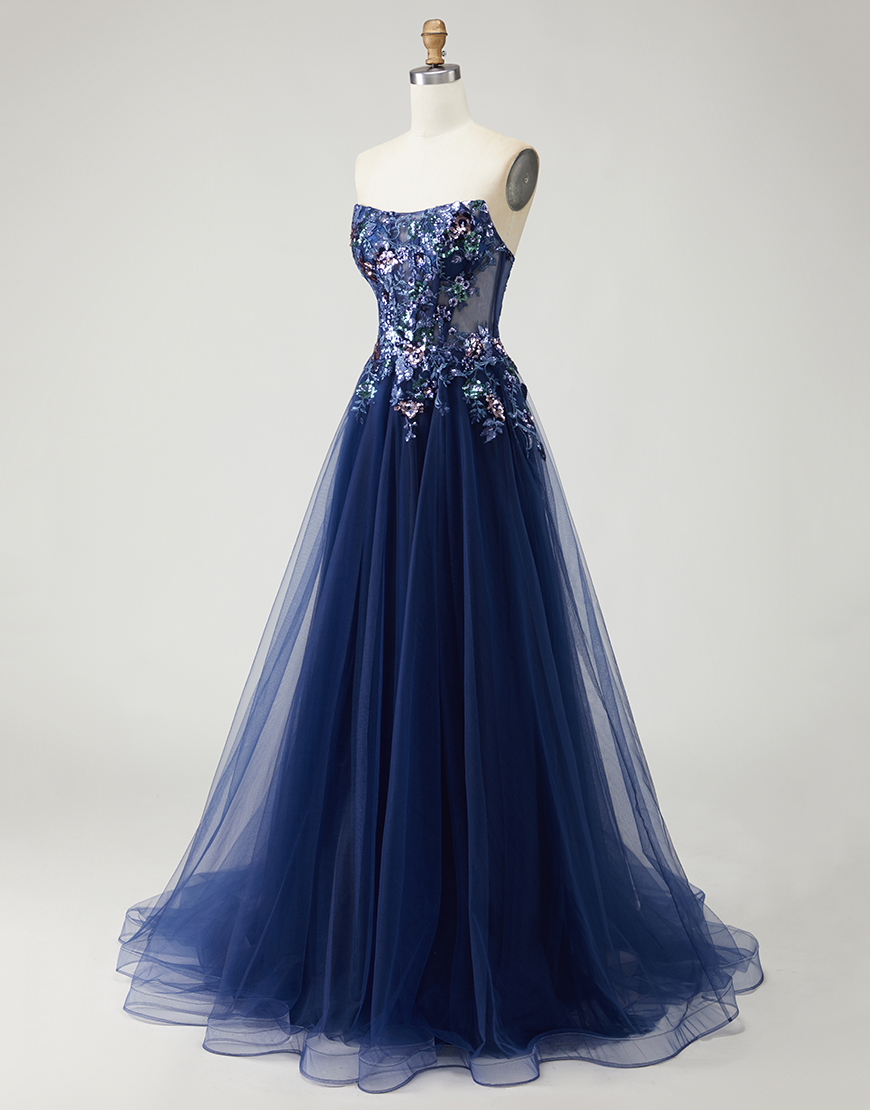Sparkly Navy Floral Long A-Line Prom Dress with Embroidery
