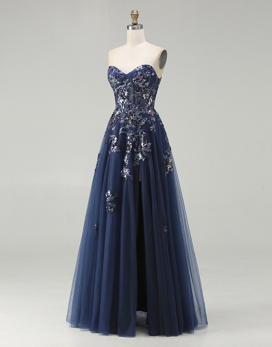 Sparkly Floral Navy Corset Long Tulle A-Line Prom Dress with Sequin