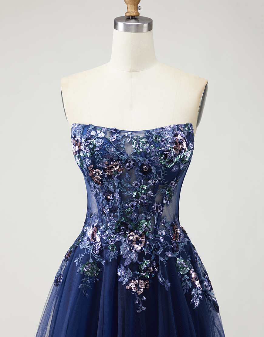 Sparkly Navy Floral Long A-Line Prom Dress with Embroidery
